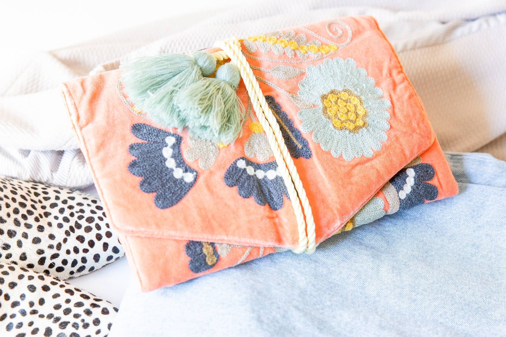Embroidered Velvet Jewelry Organizer-Coral - Pink Peonies