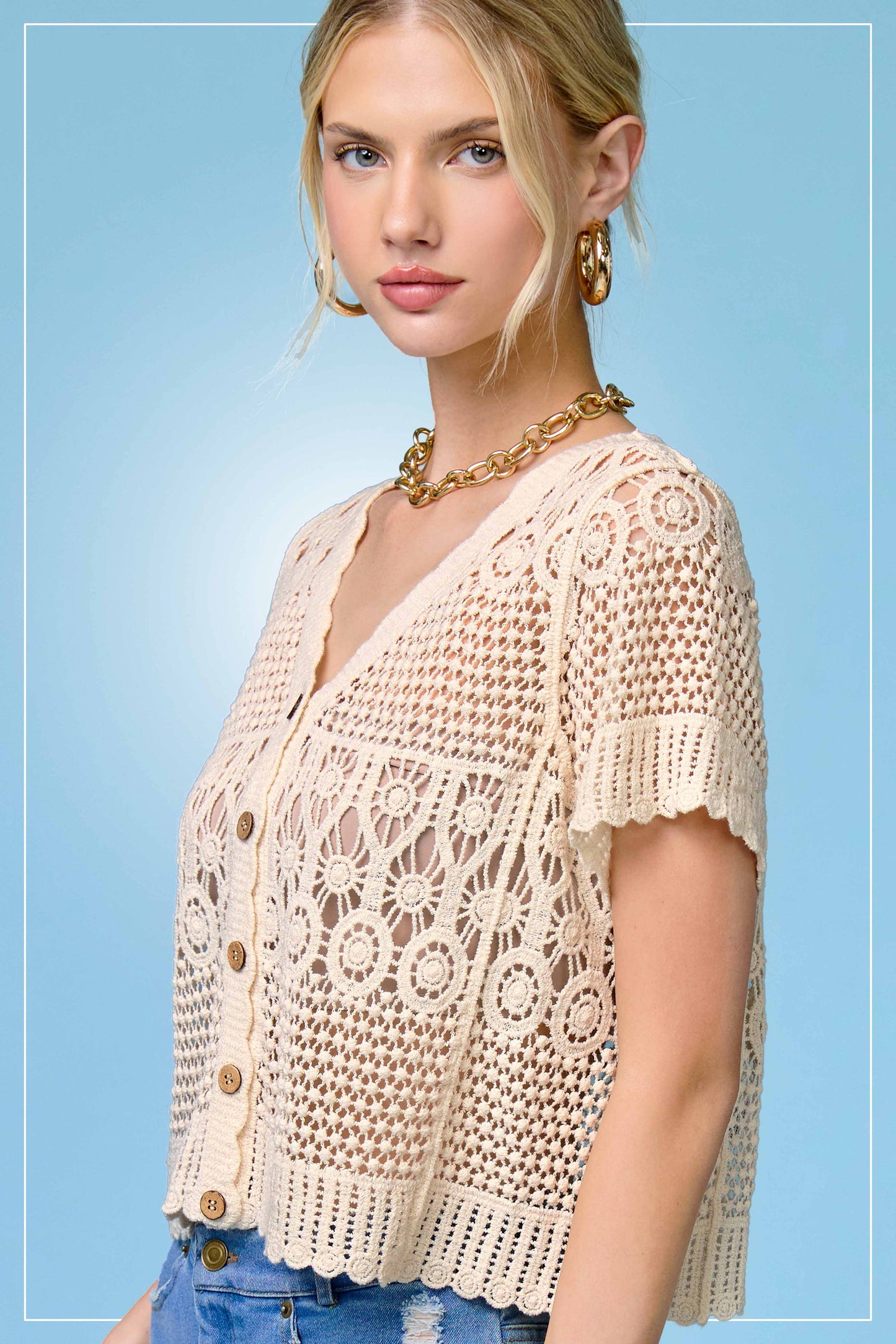 JDT7735-Open Knit Scallop Edge Button Down Cardigan: Natural / M/L - Pink Peonies