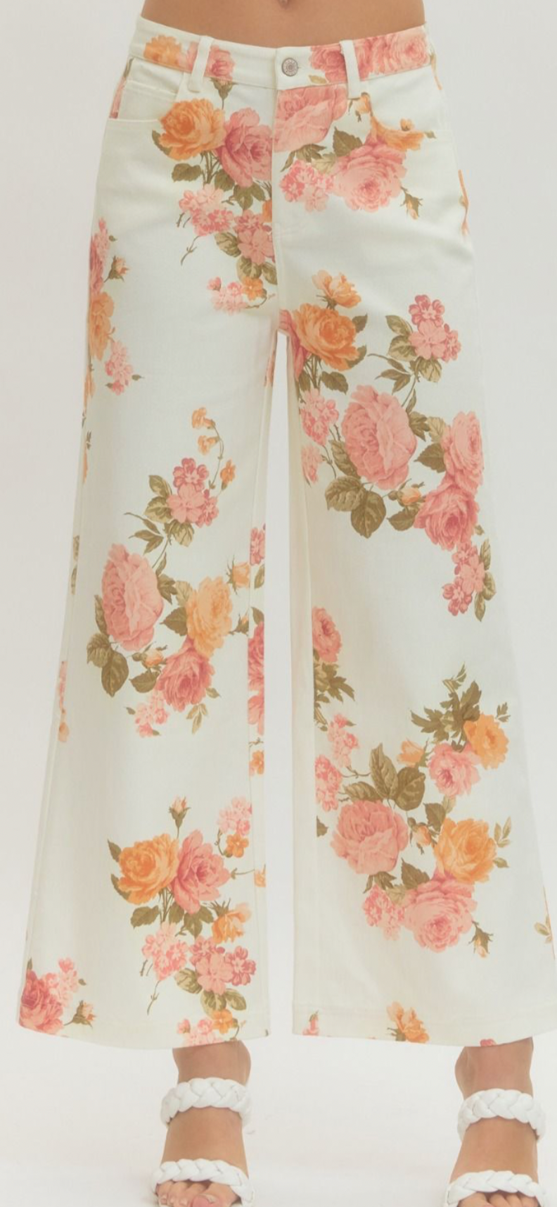Floral Denim Cropped Jeans - Pink Peonies