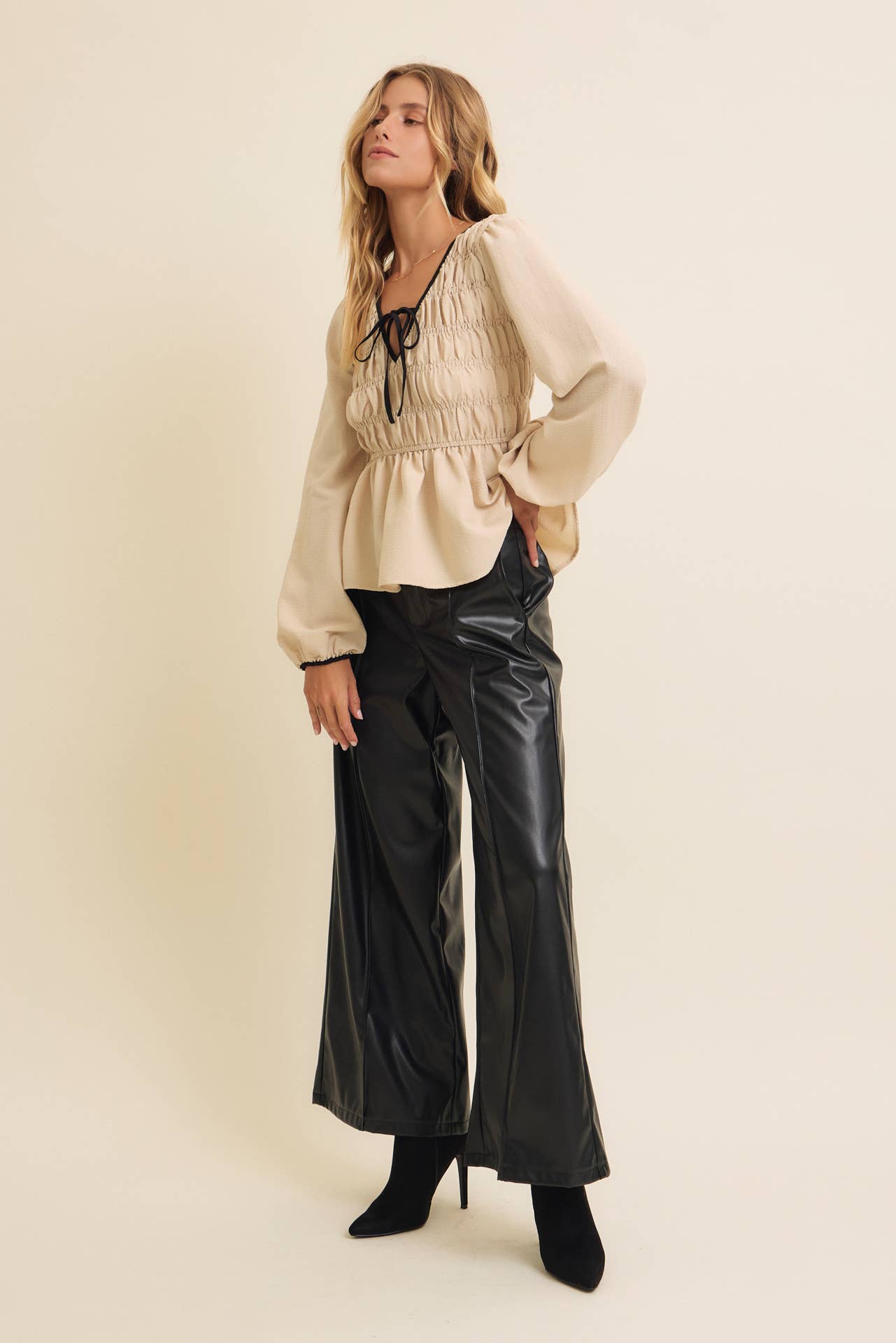 Vegan Leather Wide-Leg Pants with Elastic Back