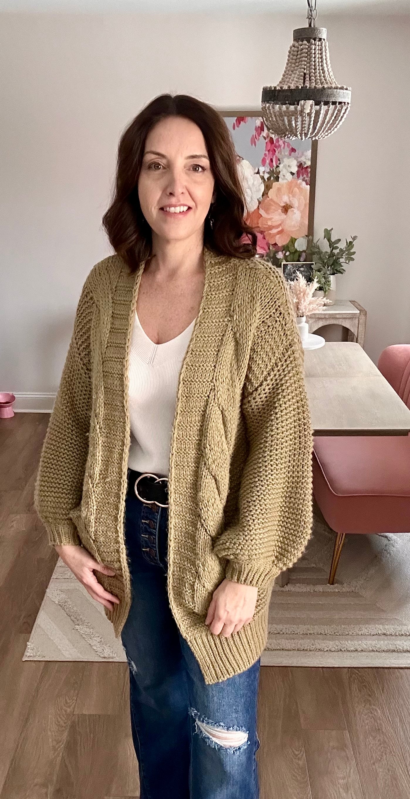 Chunky Cable Sleeve Lantern Cardigan - Pink Peonies
