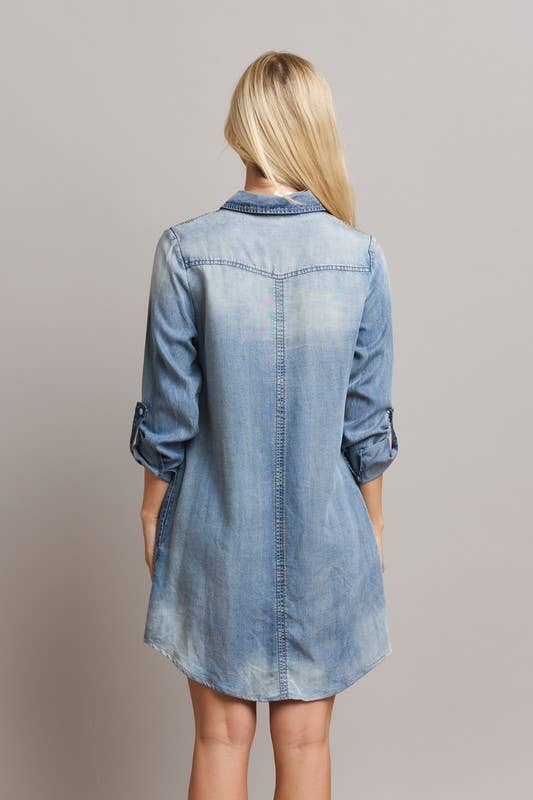 Tencel Denim Shirt Dress - Pink Peonies