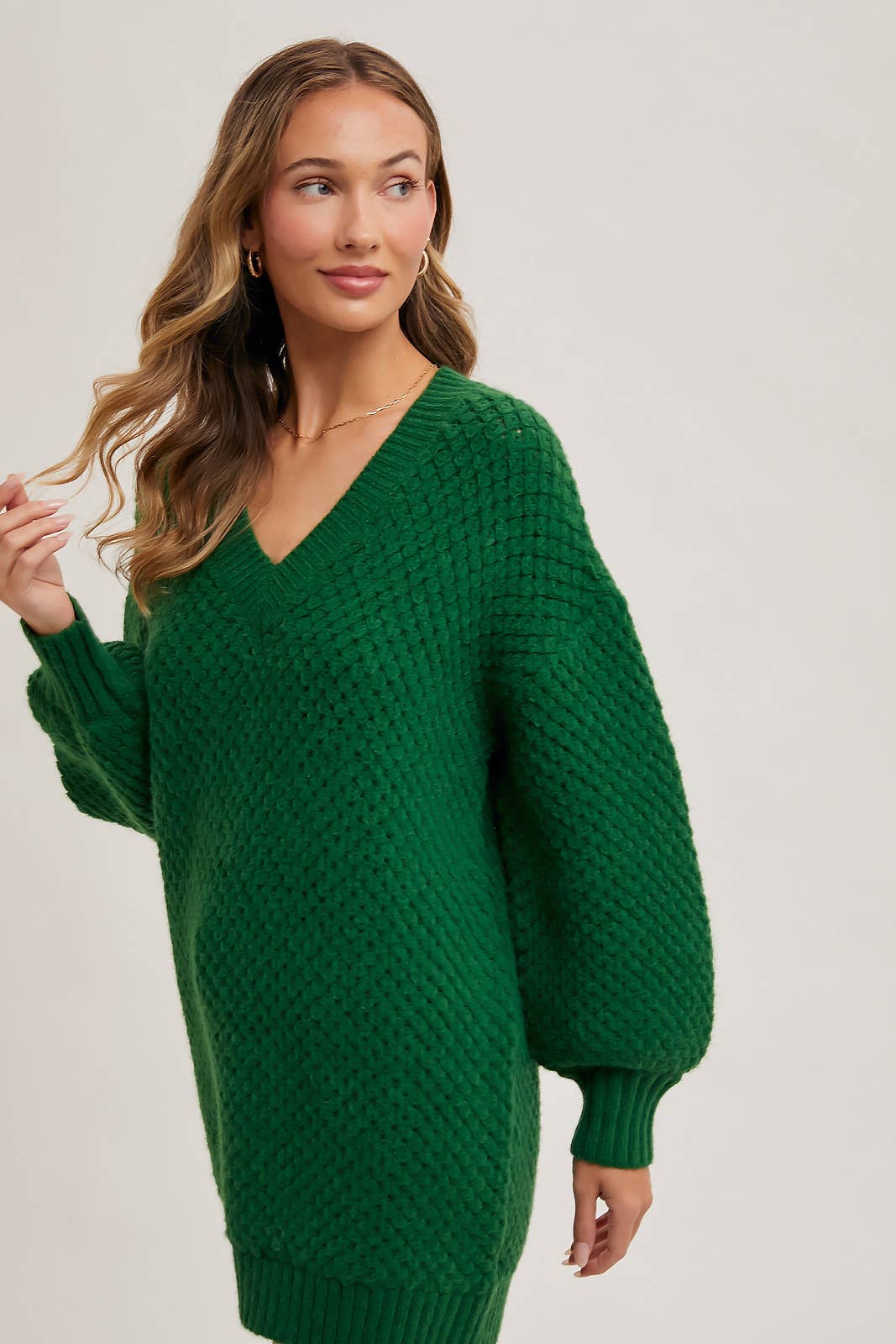 V-NECK BUBBLE SLEEVED KNIT SWEATER TUNIC: CREAM / M/L - Pink Peonies