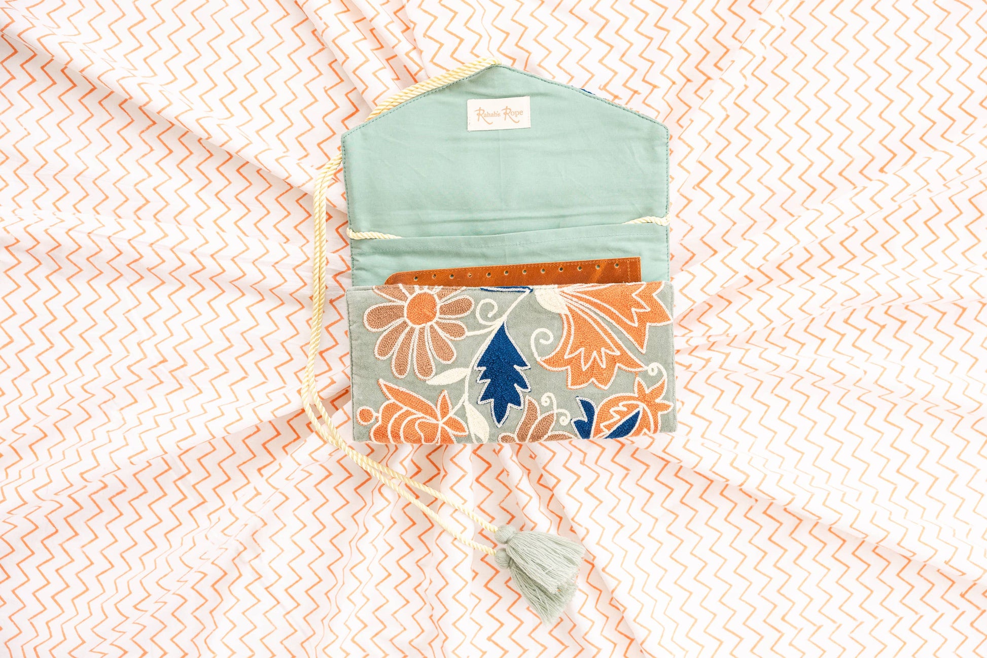 Embroidered Velvet Jewelry Organizer Mint - Pink Peonies