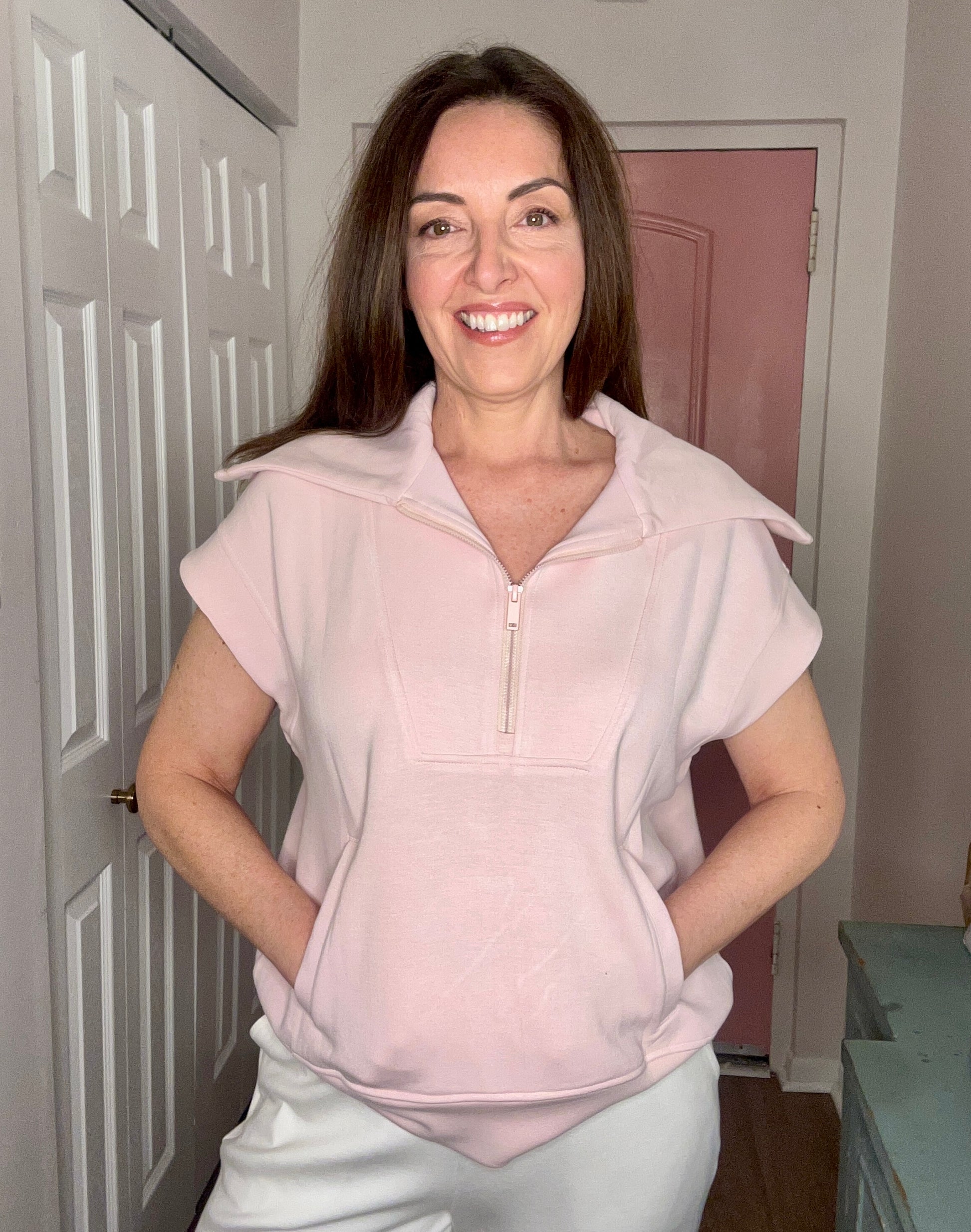 Modal Short Sleeve Quarter Zip Sleeveless Top: Baby Pink - Pink Peonies