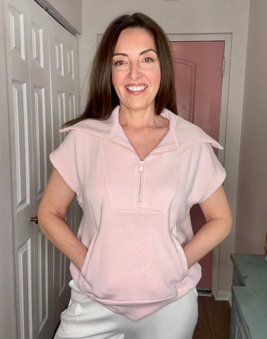 Modal Short Sleeve Quarter Zip Sleeveless Top: Baby Pink - Pink Peonies