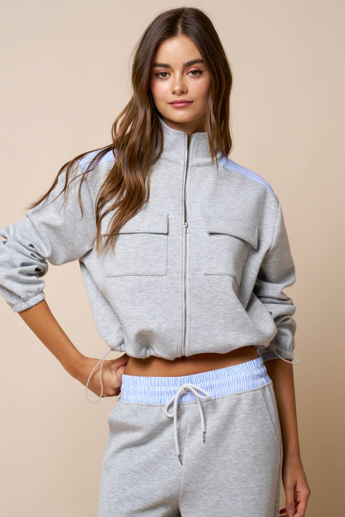 Color Block Zip Up Mock Neck Sweatshirt