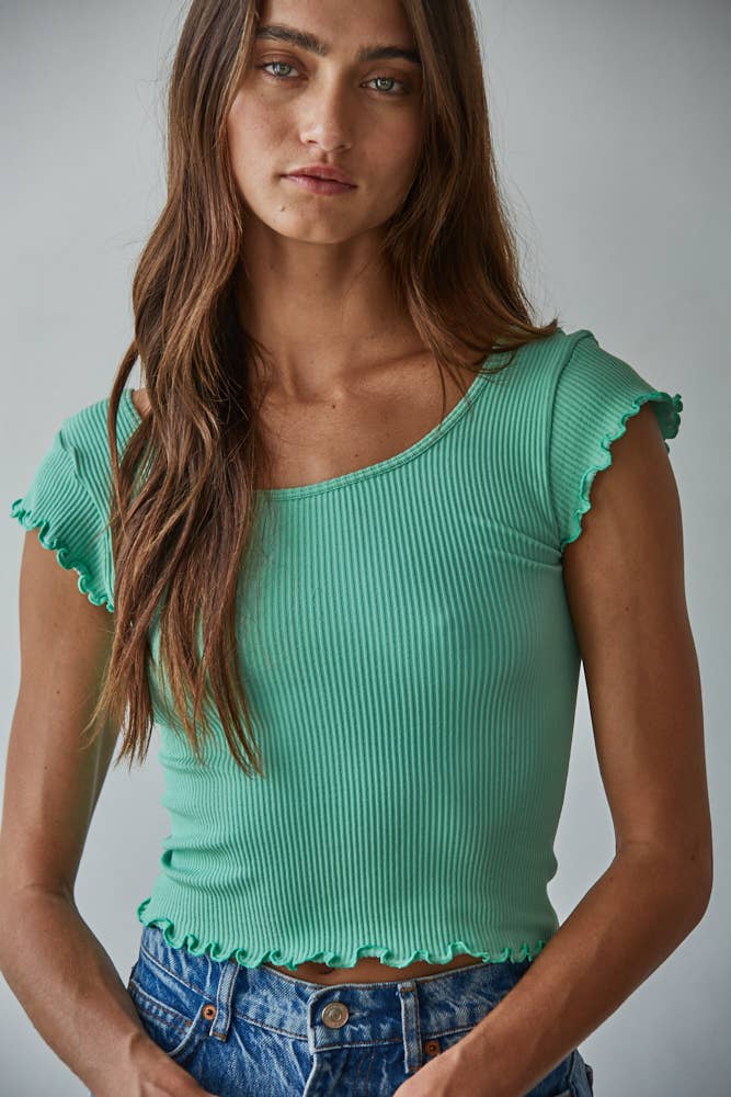S1292N | Knit Seamless Ribbed Merrow Detail Crop Top: Light Grass Green / ML - Pink Peonies