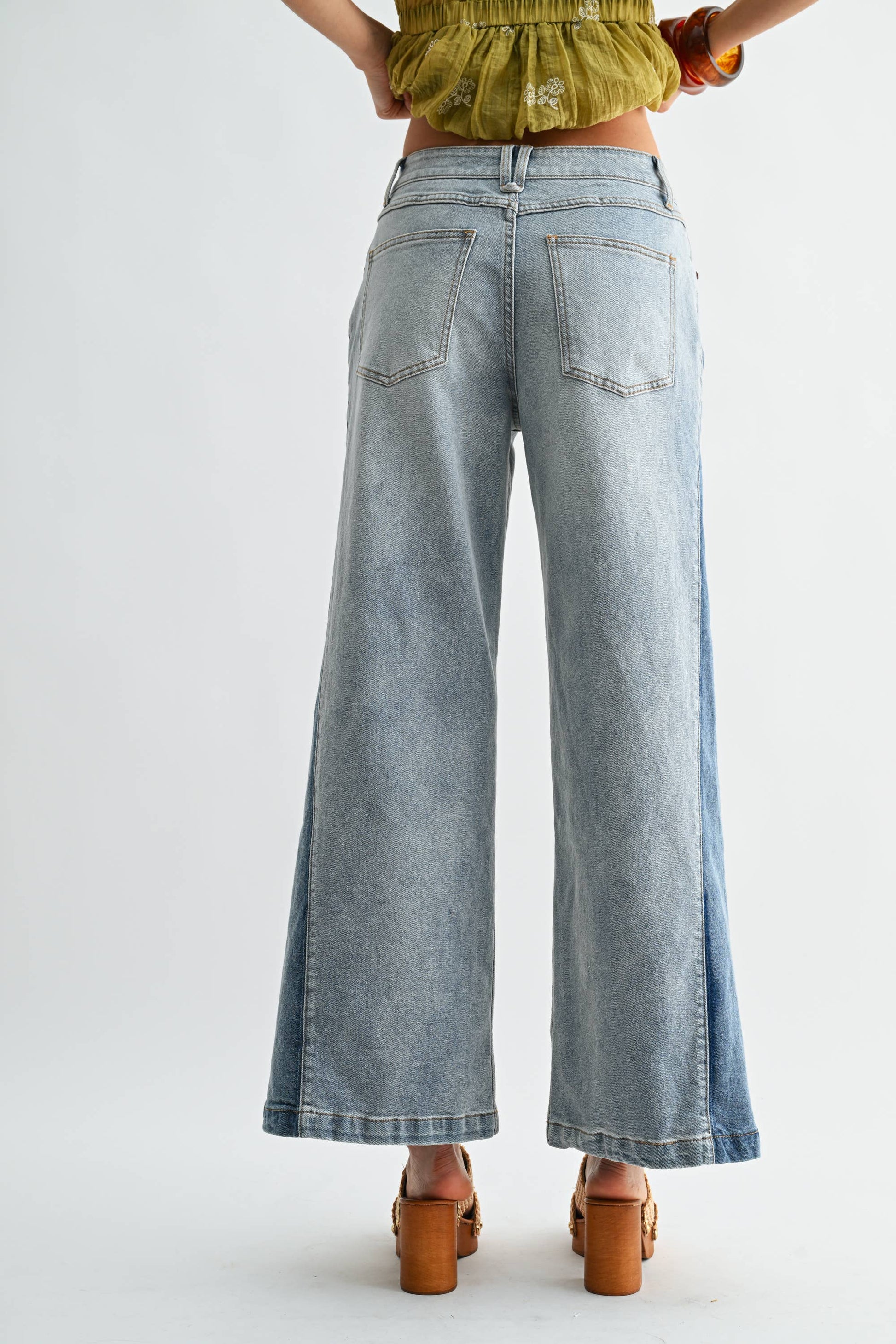 CB10162J Wide-Leg Two-Tone High Waist Denim Jeans: MEDIUM WASH / S-M-L (3-2-1) - Pink Peonies