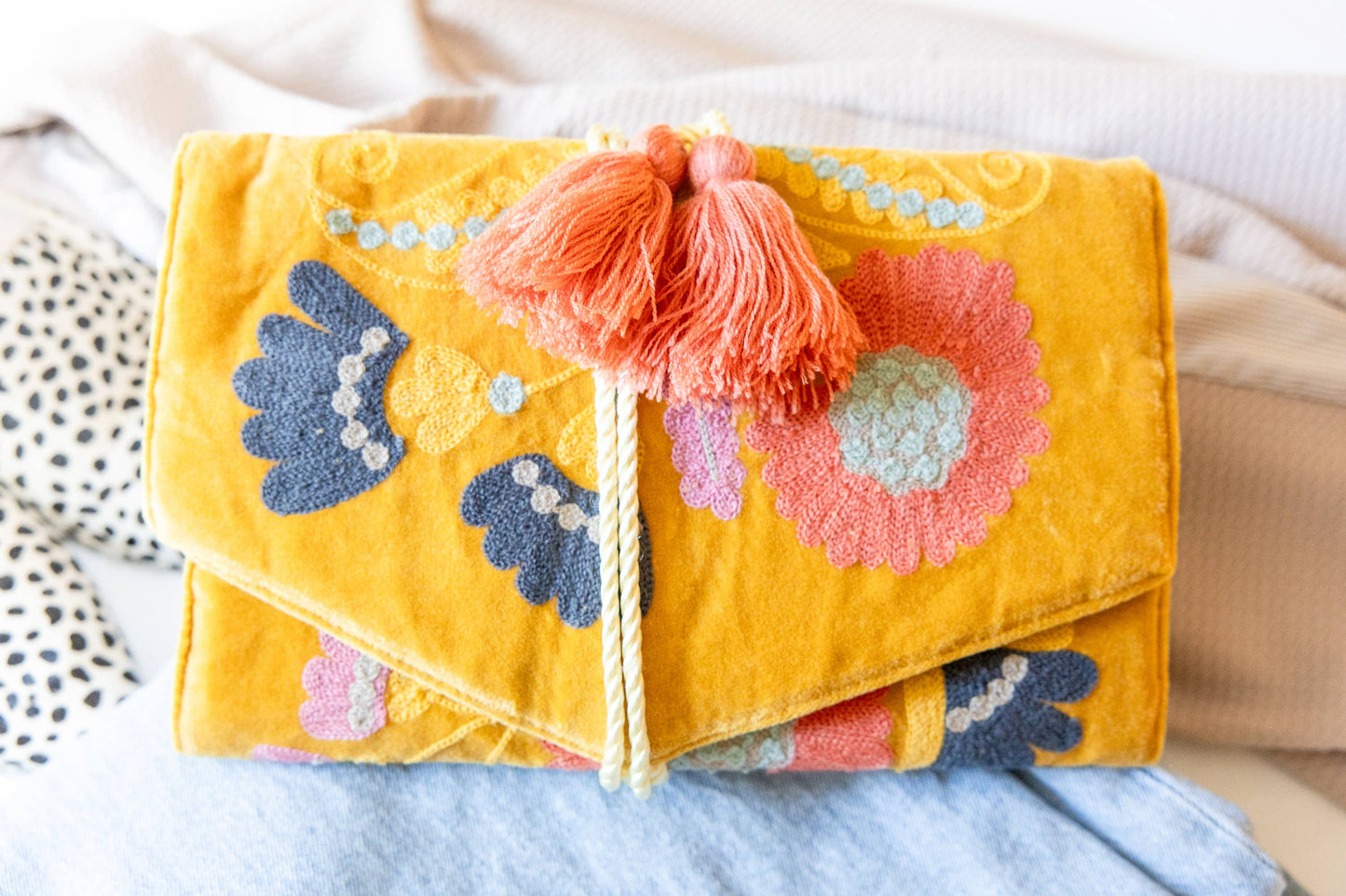 Embroidered Velvet Jewelry Organizer-Mustard - Pink Peonies