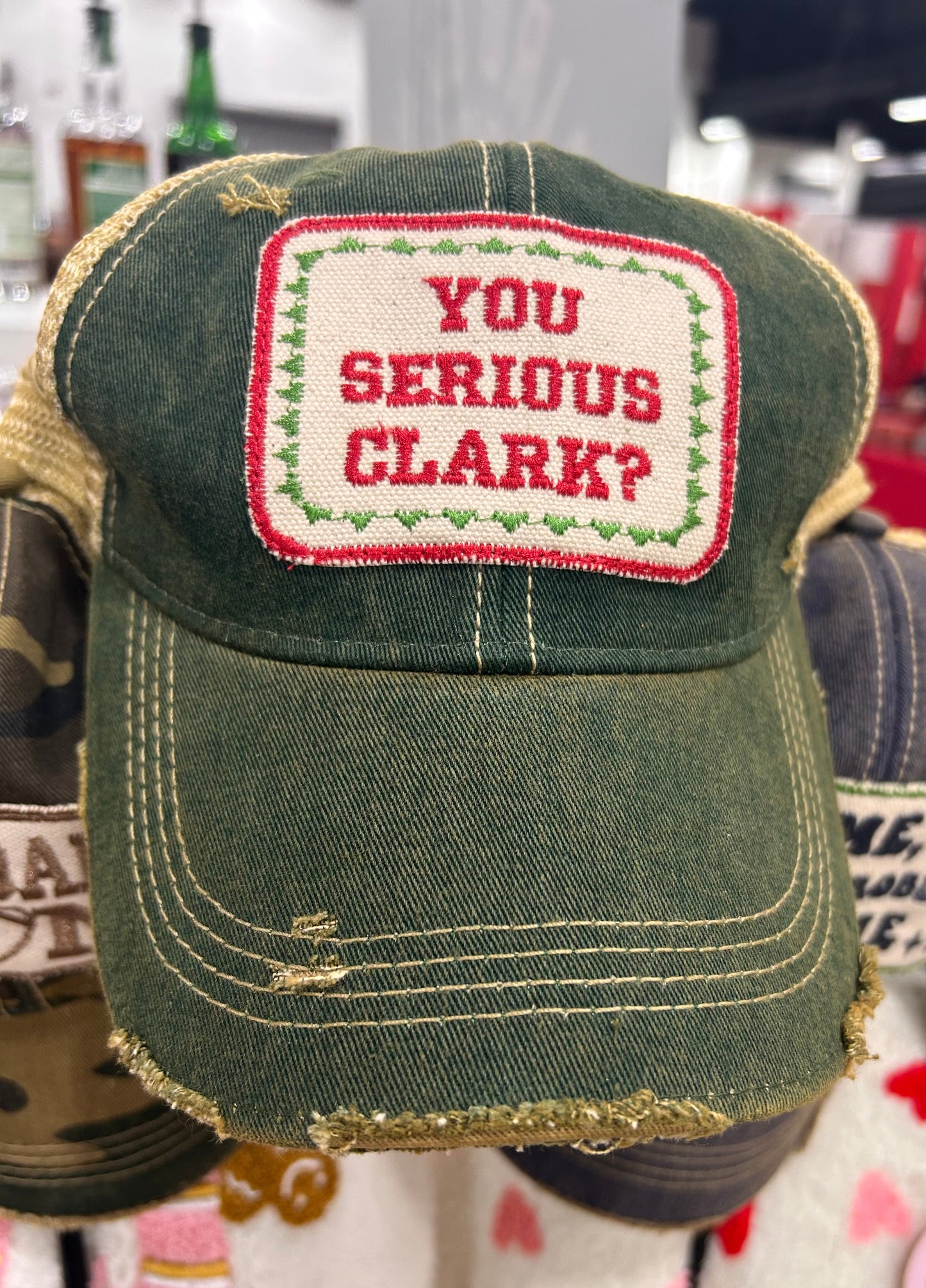 You Serious Clark? Distressed Embroidered Patch Mesh Back Baseball Hat