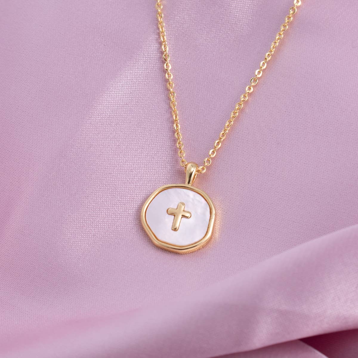 Shell With Cross Pendant Necklace - Pink Peonies