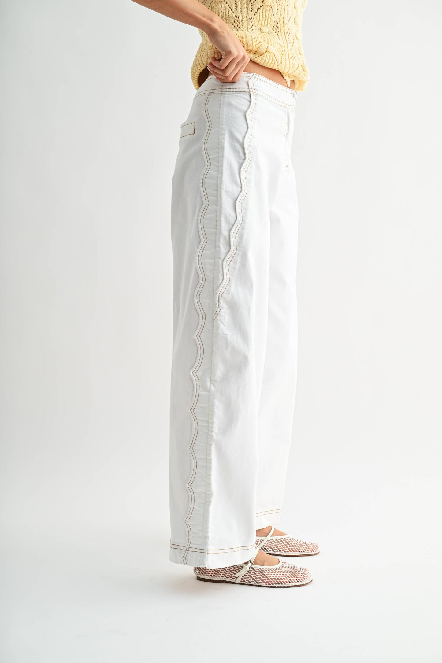 CEP26939 WIDE-LEG STRETCHY DENIM TROUSERS: OFF WHITE / S-M-L(3-2-1) - Pink Peonies