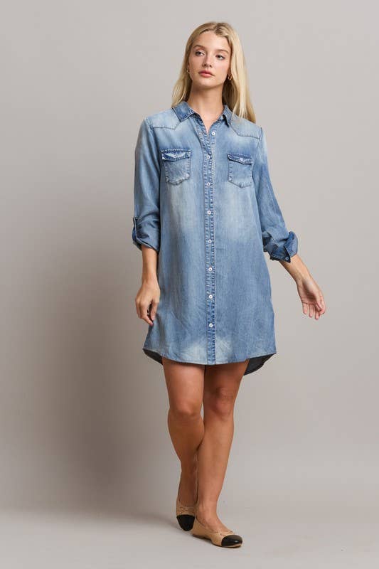 Tencel Denim Shirt Dress - Pink Peonies