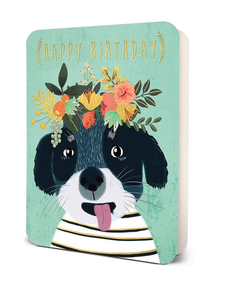 Happy Birthday Dog Deluxe Greeting Card - Pink Peonies
