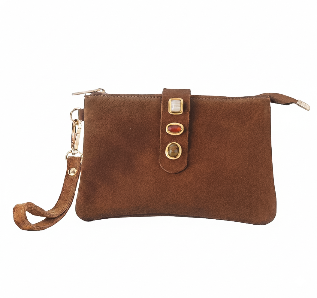 Gemstone Suede Wristlet Pouch: Caramel - Pink Peonies