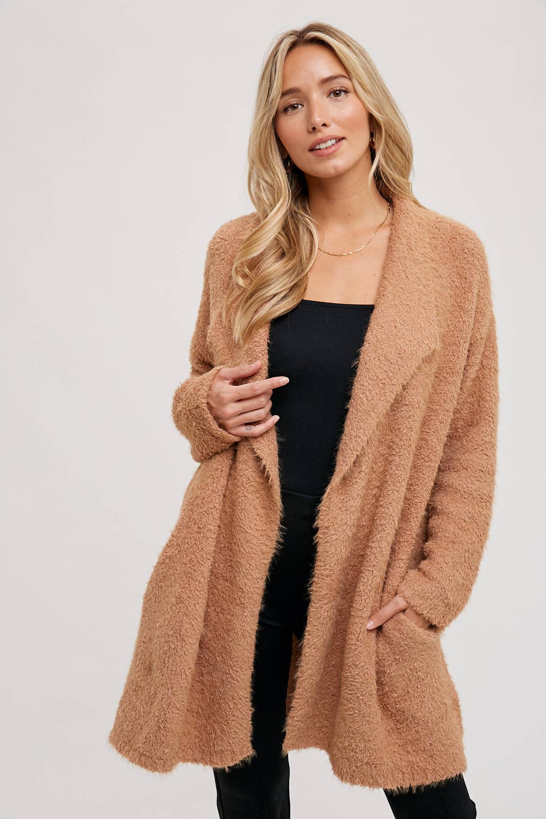 SOFT FUZZY DRAPE FRONT CARDIGAN: MUSHROOM / M/L - Pink Peonies