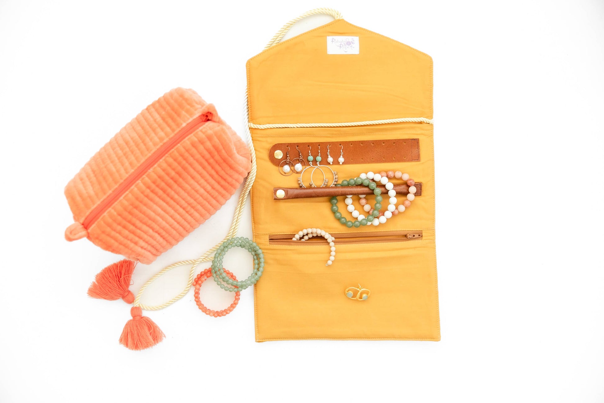 Embroidered Velvet Jewelry Organizer-Mustard - Pink Peonies