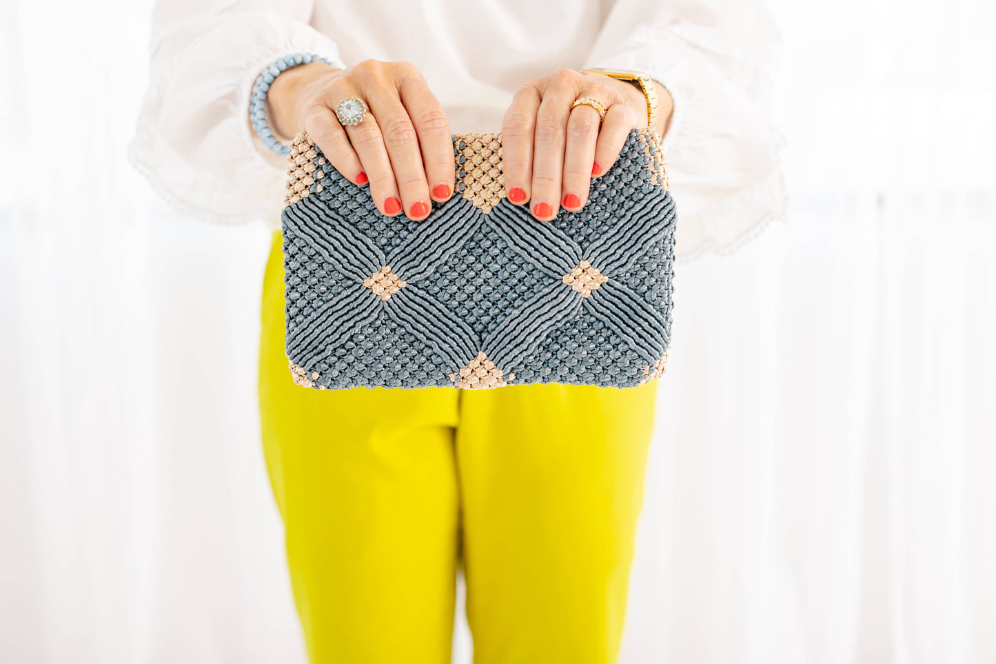Handmade Macramé Clutch- Dusty Blue and Champagne - Pink Peonies