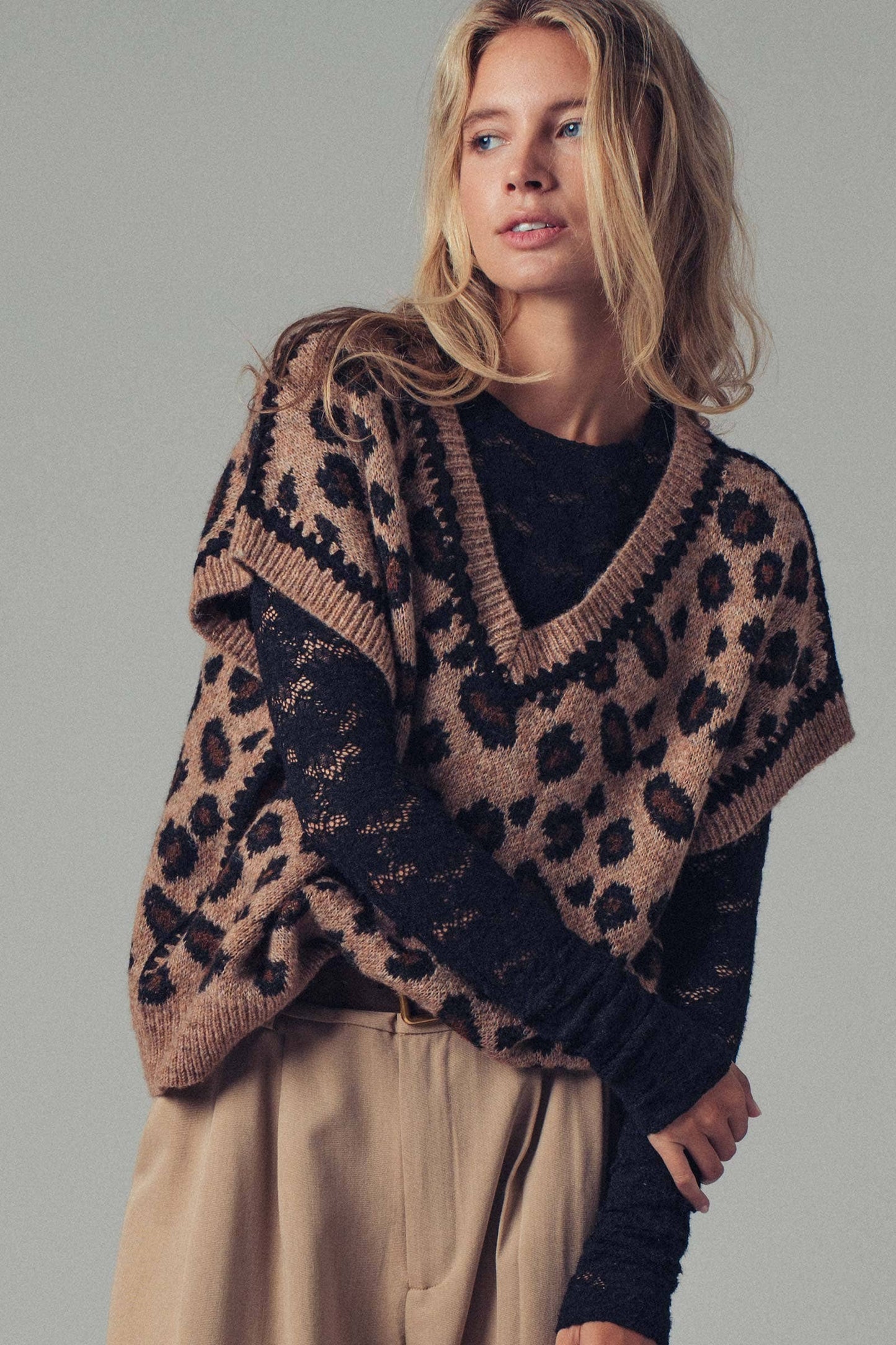 Leopard Crochet Trim Sweater Vest