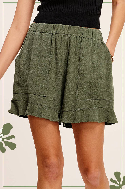 HBP4201-Flared Hem Elastic Band Shorts with Front Pockets: Olive / L - Pink Peonies