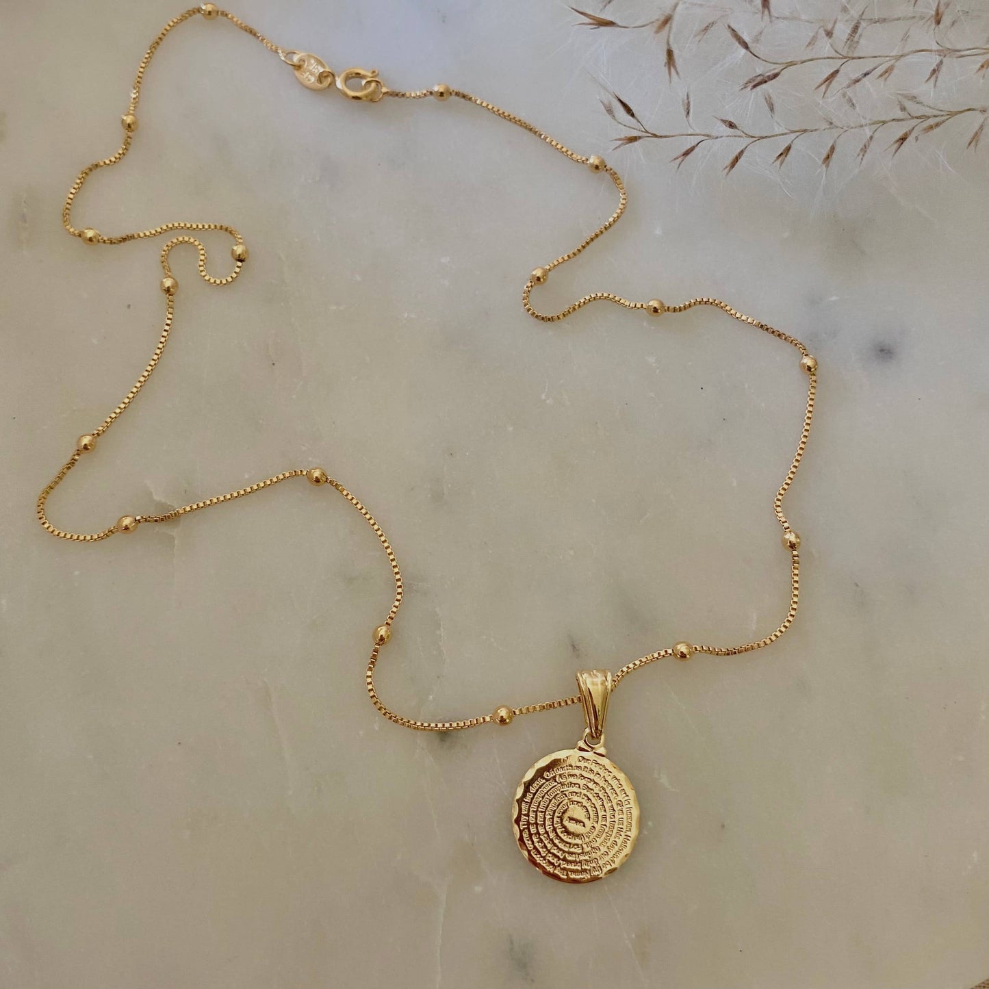 Our Father prayer coin charm necklace 18k GF satellite chain - Pink Peonies