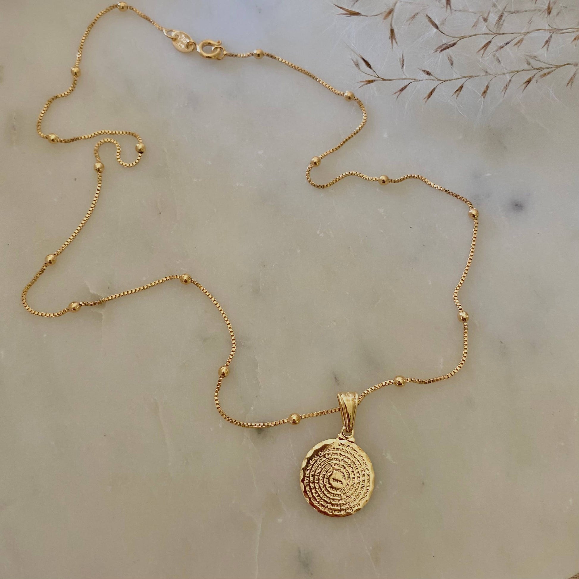 Our Father prayer coin charm necklace 18k GF satellite chain - Pink Peonies