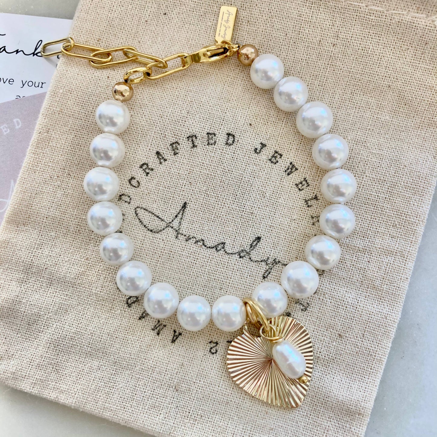 Freshwater pearl gold heart charmed bracelet  coquette - Pink Peonies