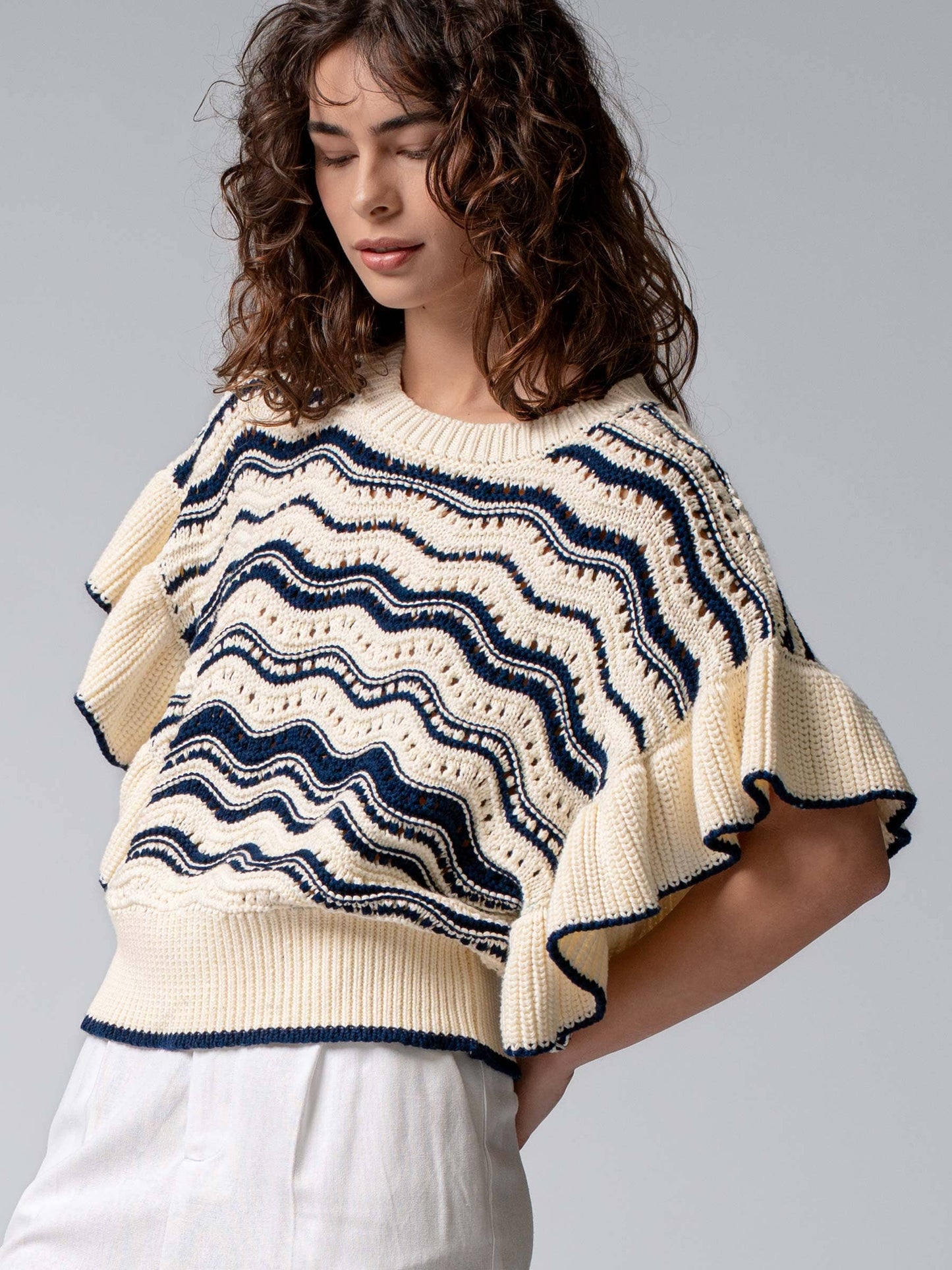 Ruffle Sleeve Wave Knit Sweater