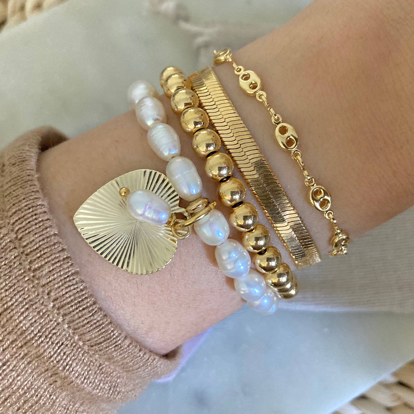 Gold beaded adjustable bracelet, 24k Gold-plated layering - Pink Peonies