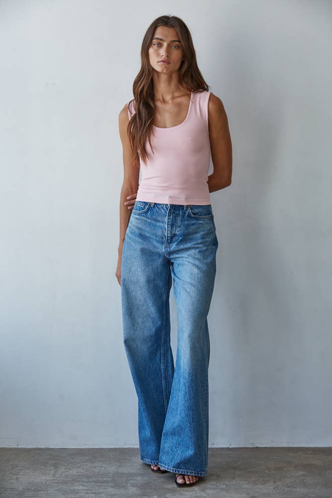 S1187N | Double Layered Seamless Top: Powder Pink / SM - Pink Peonies