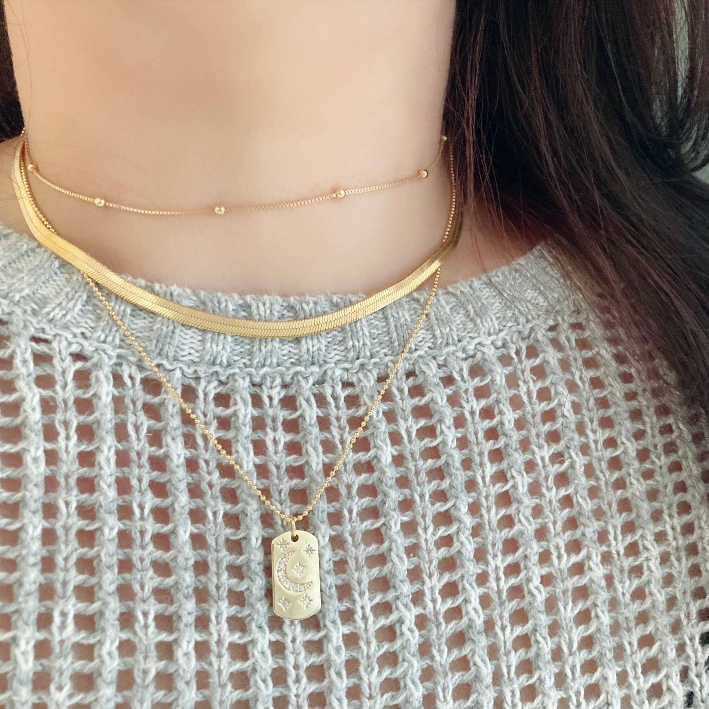 Half Moon Crescent Star Medallion 18K gold dog tag necklace - Pink Peonies