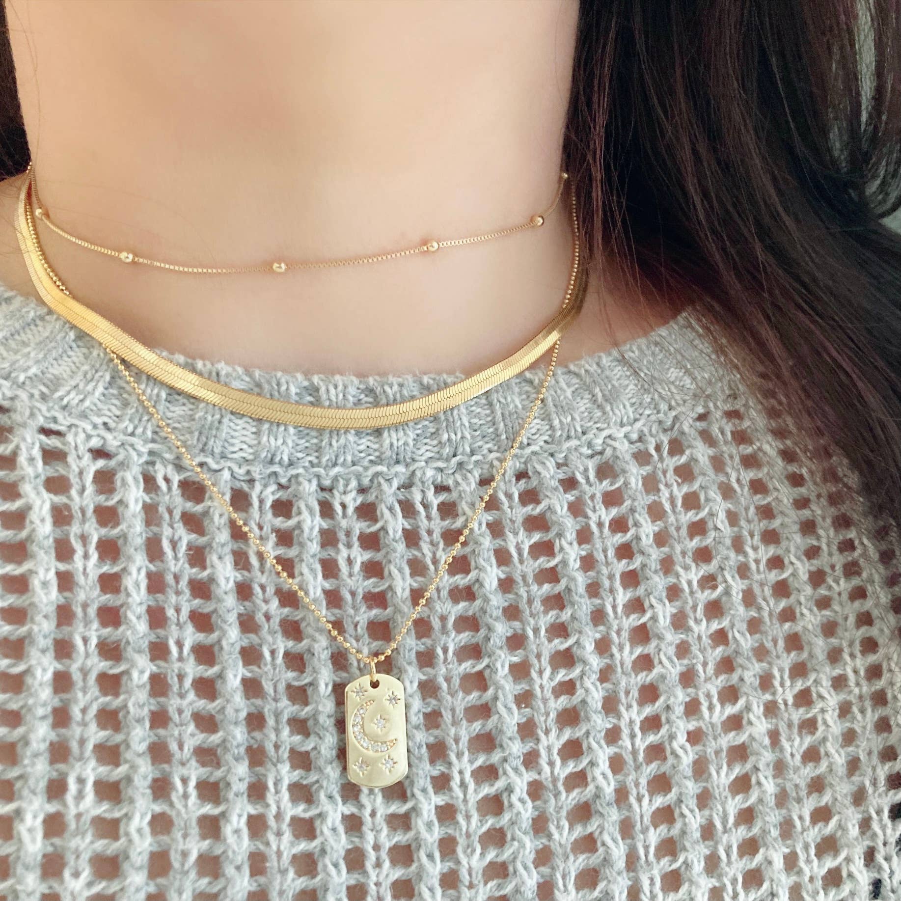 Half Moon Crescent Star Medallion 18K gold dog tag necklace - Pink Peonies