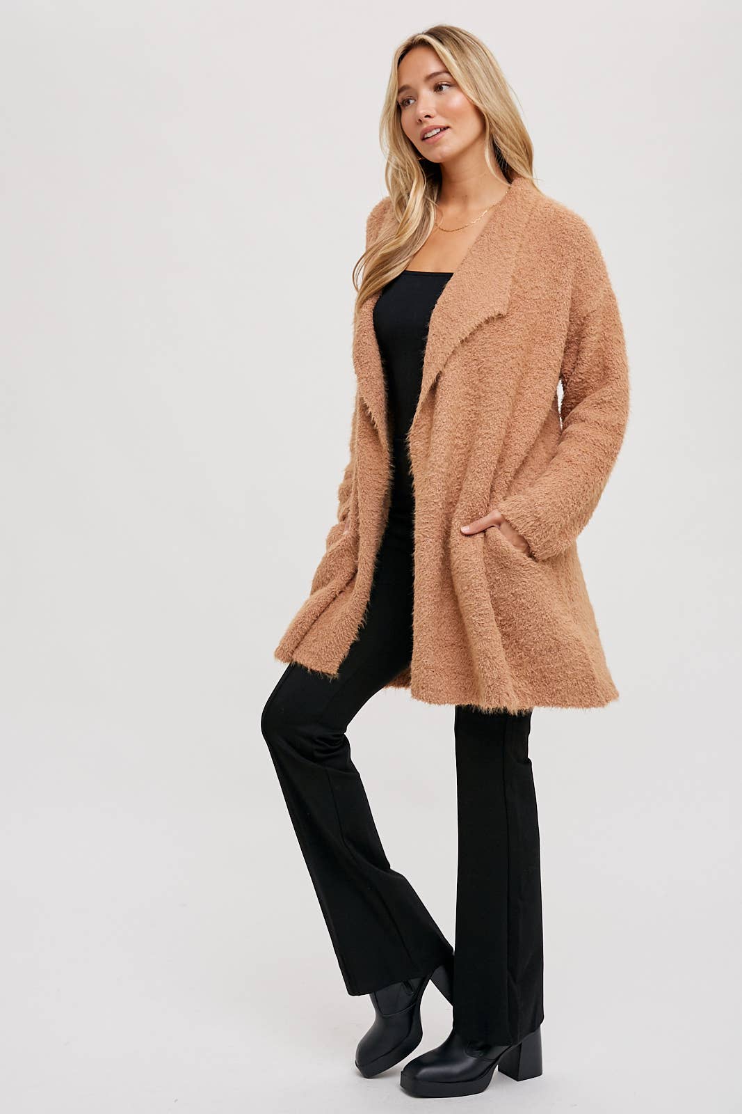 SOFT FUZZY DRAPE FRONT CARDIGAN: MUSHROOM / M/L - Pink Peonies