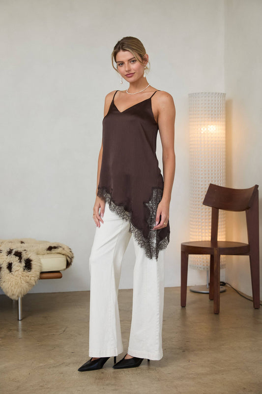 Asymmetrical Satin Lace Trim Cami Tunic - Pink Peonies
