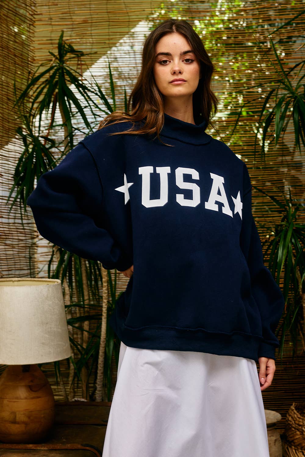 IT2594-USAGINGHAM USA/USA Map Reversible Oversize Sweatshirt: NAVY / S/M-L/XL (3-3) - Pink Peonies