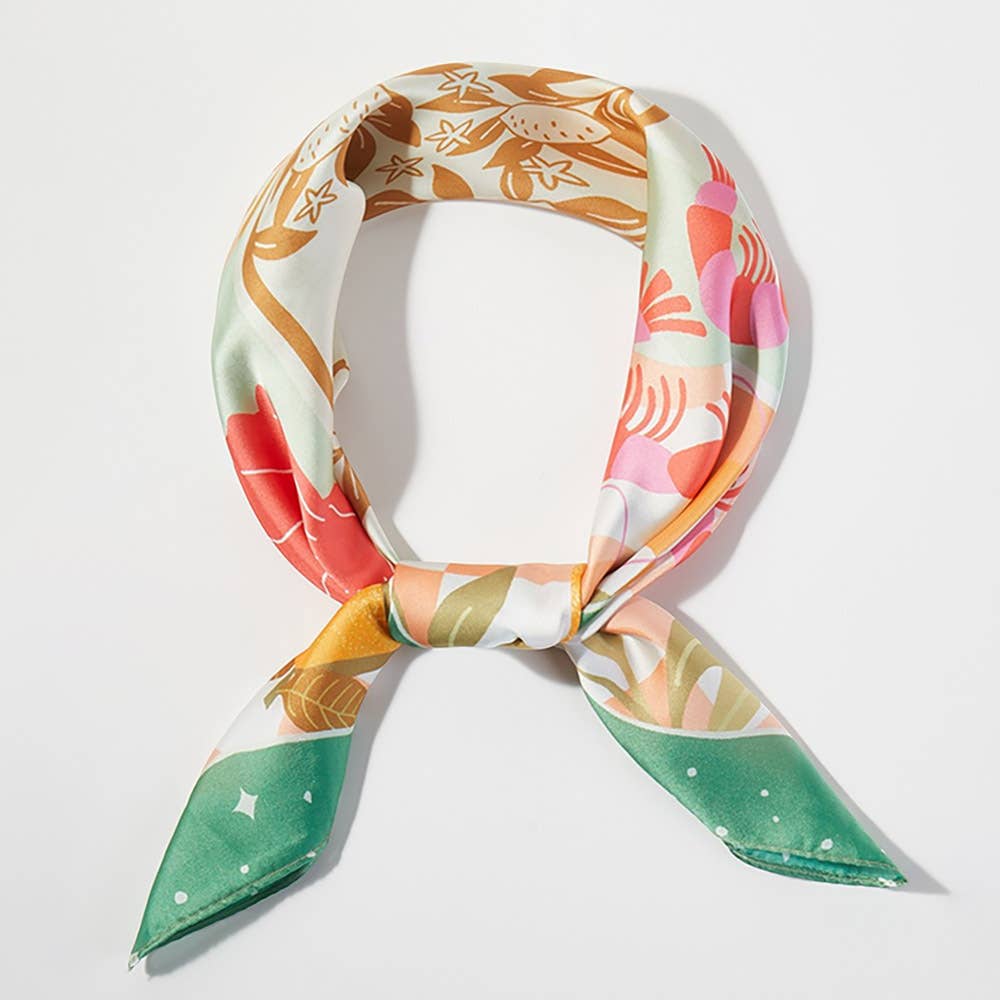 Seaside Feast Print Square Bandana Scarf: Coral - Pink Peonies