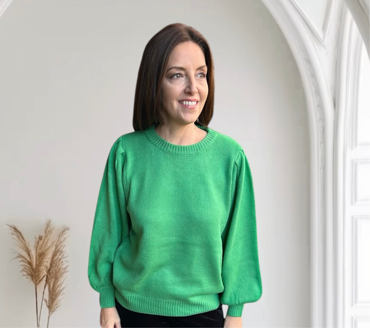 Green Cut Out Back Crew Neck Knitted Sweater - Pink Peonies