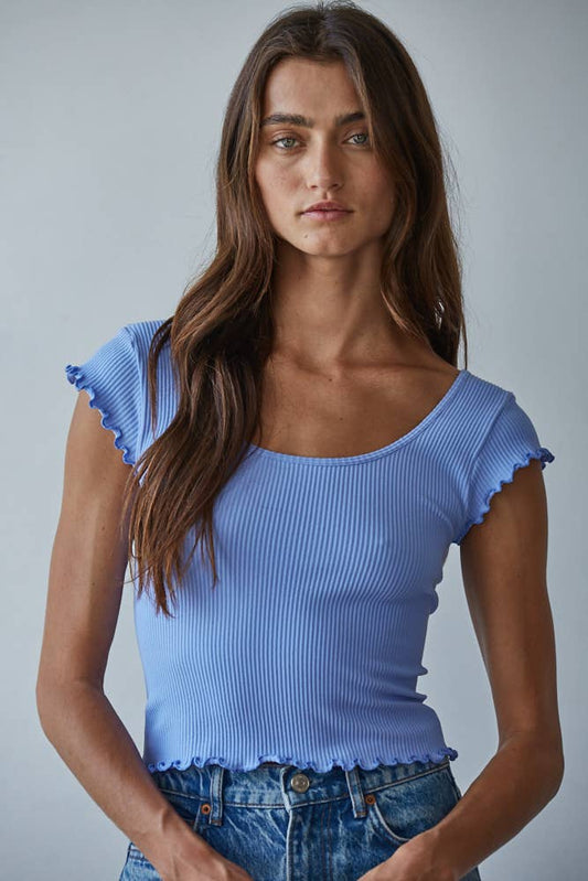 S1292N | Knit Seamless Ribbed Merrow Detail Crop Top: Lilac Blue / ML - Pink Peonies