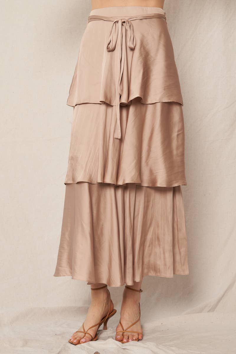 Belted Satin Tiered Midi Skirt