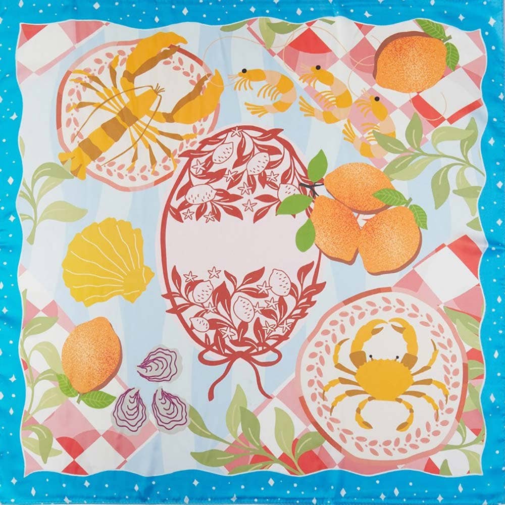 Seaside Feast Print Square Bandana Scarf: Coral - Pink Peonies