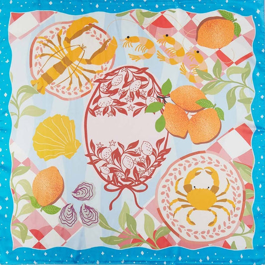 Seaside Feast Print Square Bandana Scarf: Coral - Pink Peonies
