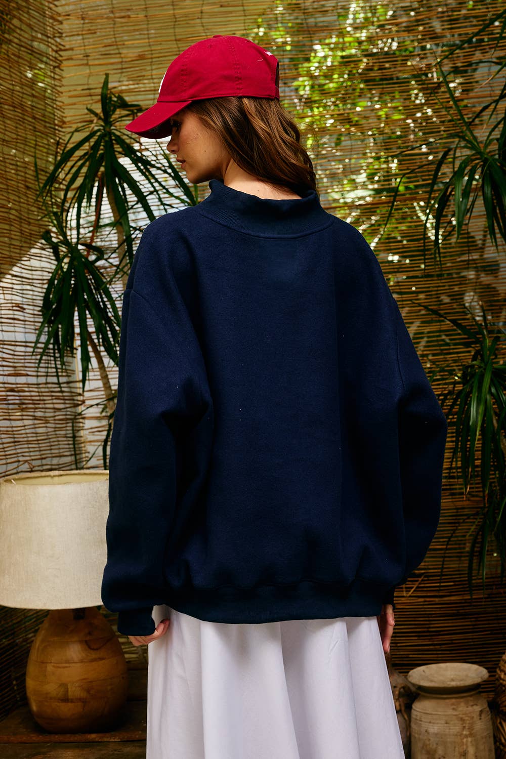 IT2594-USAGINGHAM USA/USA Map Reversible Oversize Sweatshirt: NAVY / S/M-L/XL (3-3) - Pink Peonies