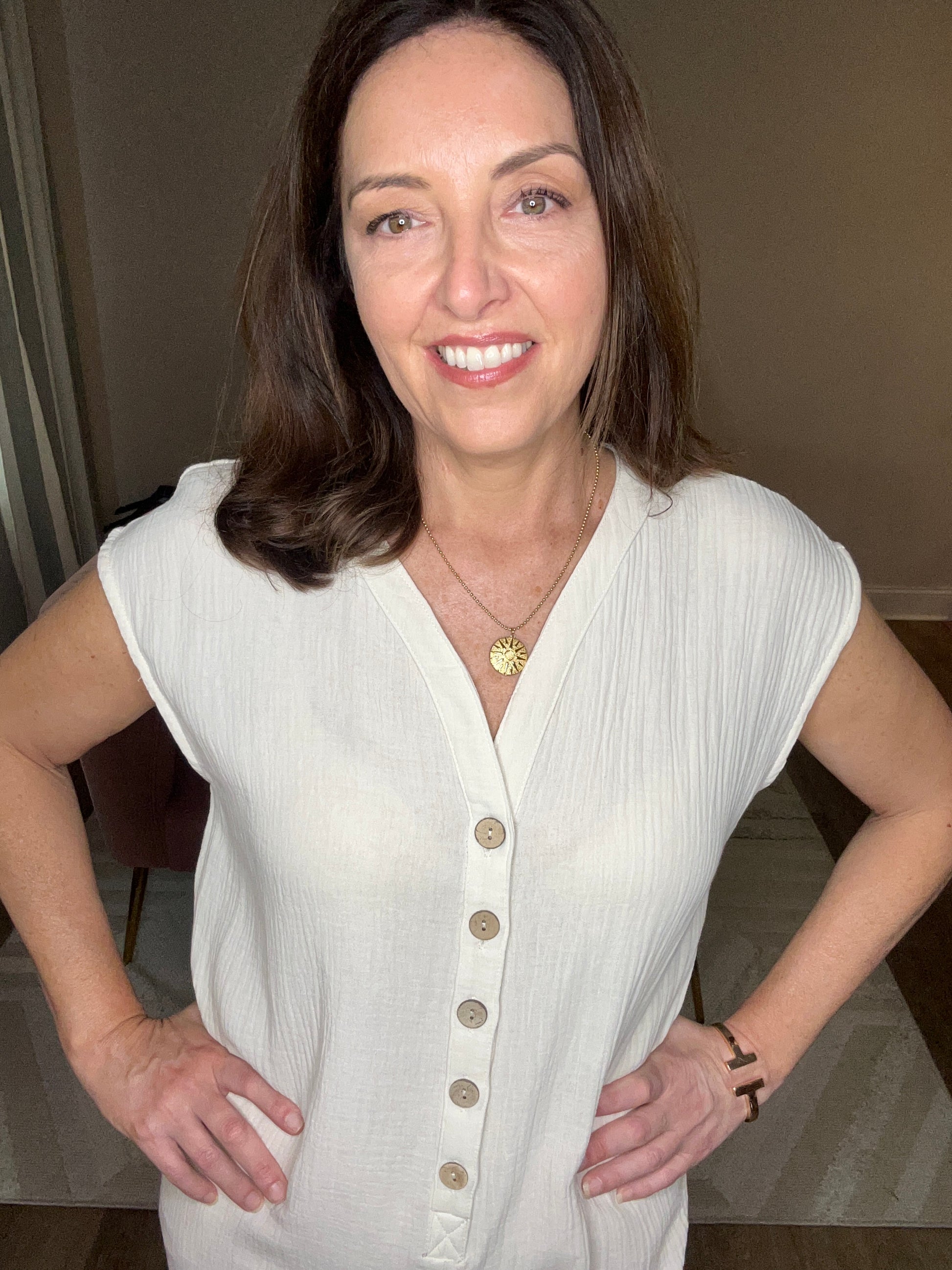 Cream Cotton Guaze Button Down Jumpsuit - Pink Peonies