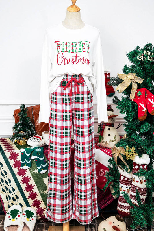 Merry Christmas Plaid Long Sleeve Pants Pajama Set