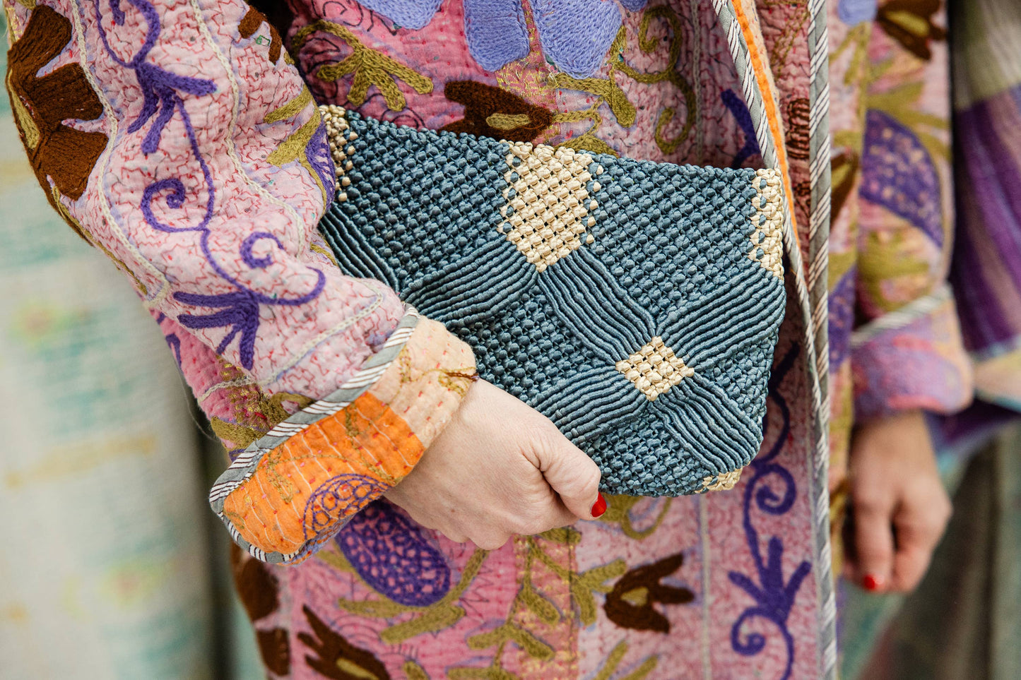 Handmade Macramé Clutch- Dusty Blue and Champagne - Pink Peonies