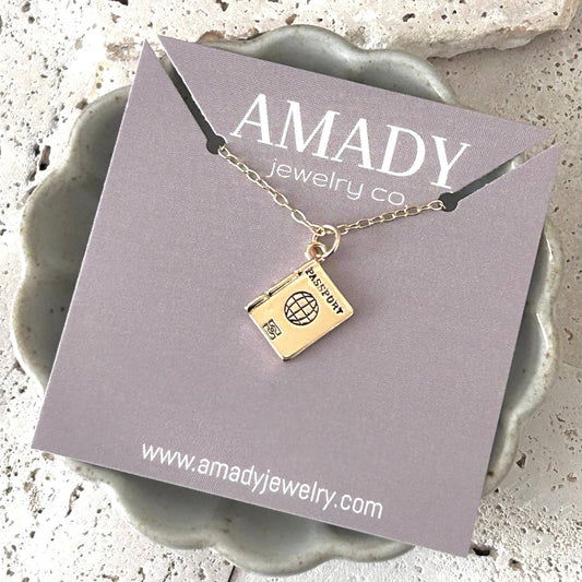 Passport book travel traveling lover pendant charm necklace - Pink Peonies