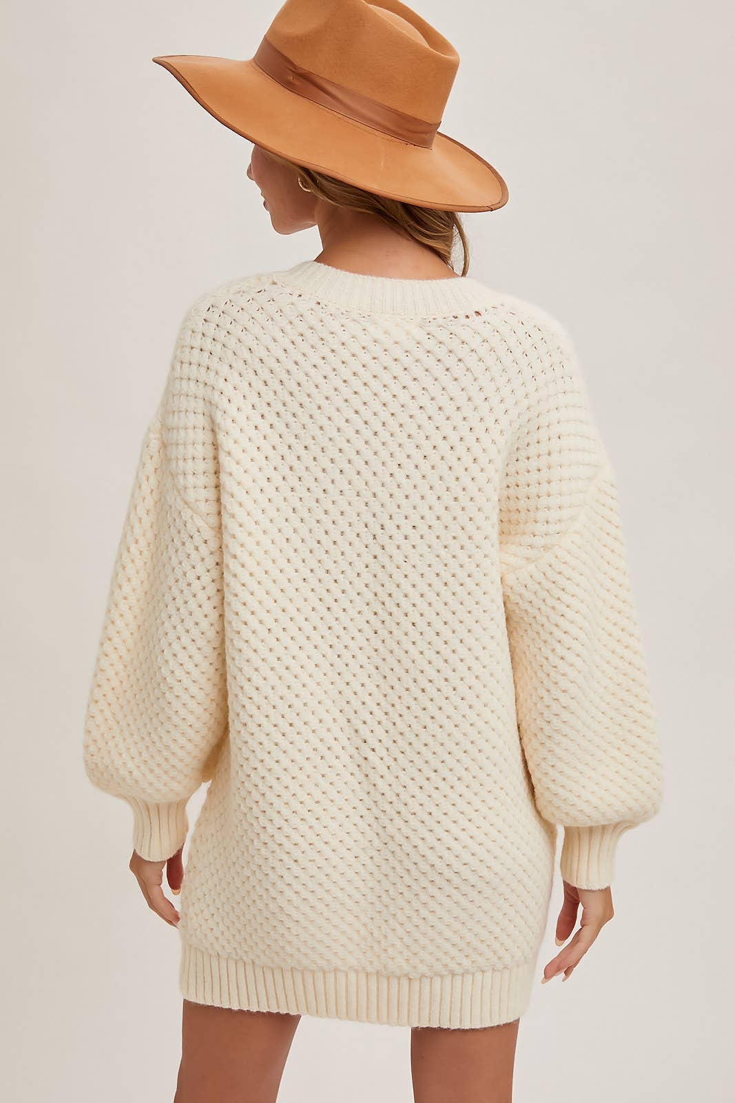 V-Neck Bubble Sleeved Knit Sweater Tunic - Pink Peonies
