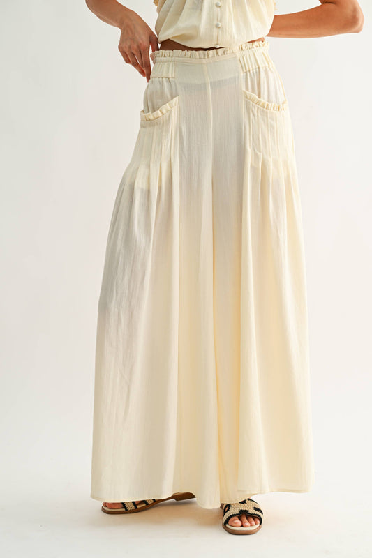 CEP27063 Wide-Leg Palazzo Pant with Ruffle Set - Pants Only: IVORY / S-M-L (3-2-1) - Pink Peonies