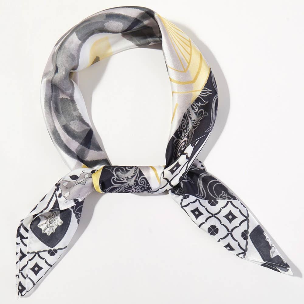 Orange Mosaic Print Square Bandana Scarf: Black - Pink Peonies